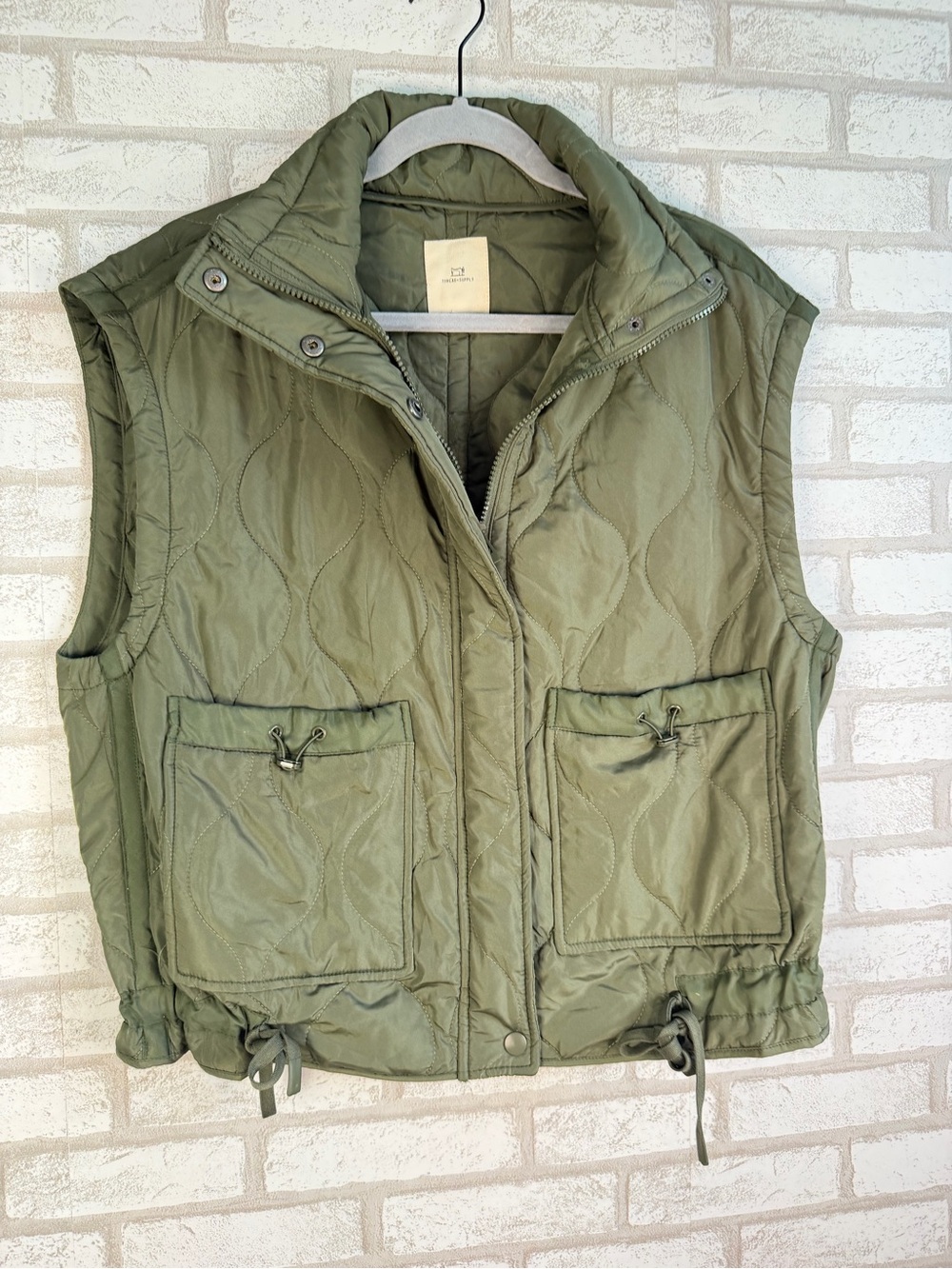 Thread & Supply Olive Quilted Sleeveless Vest with Toggle Pockets